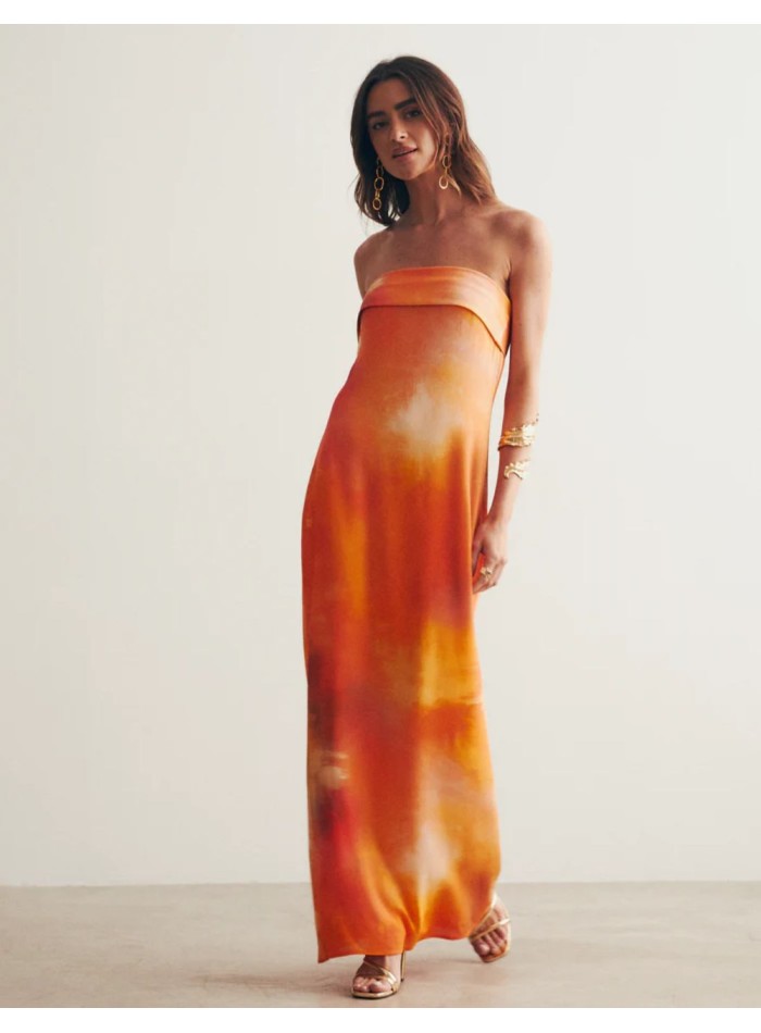 Vestido largo palabra de honor naranja tornasolado para eventos