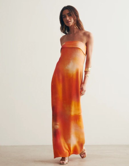 Orange iridescent strapless long dress