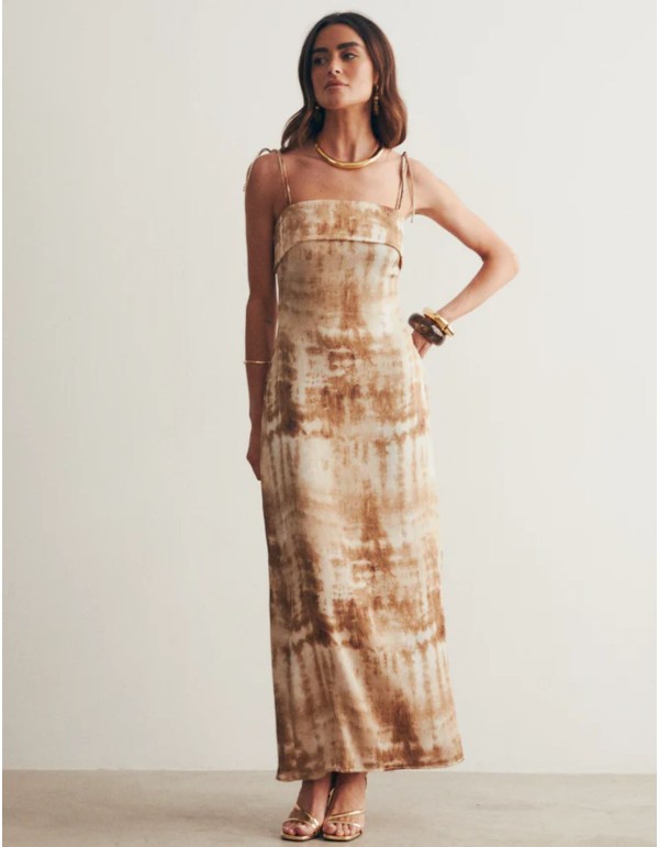 Strapless dress in earth tones printed