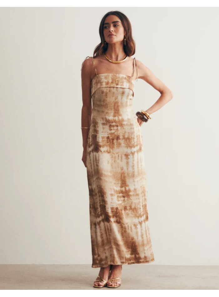 Strapless dress in earth tones printed