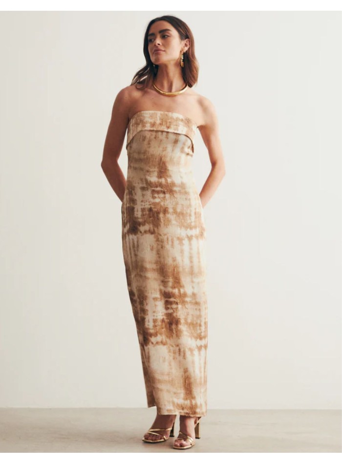 Strapless dress in earth tones printed