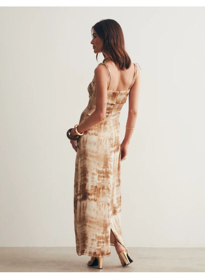 Strapless dress in earth tones printed