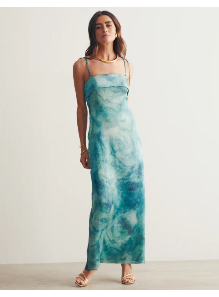 Robe bustier dans les tons de bleu avec motif imprimé