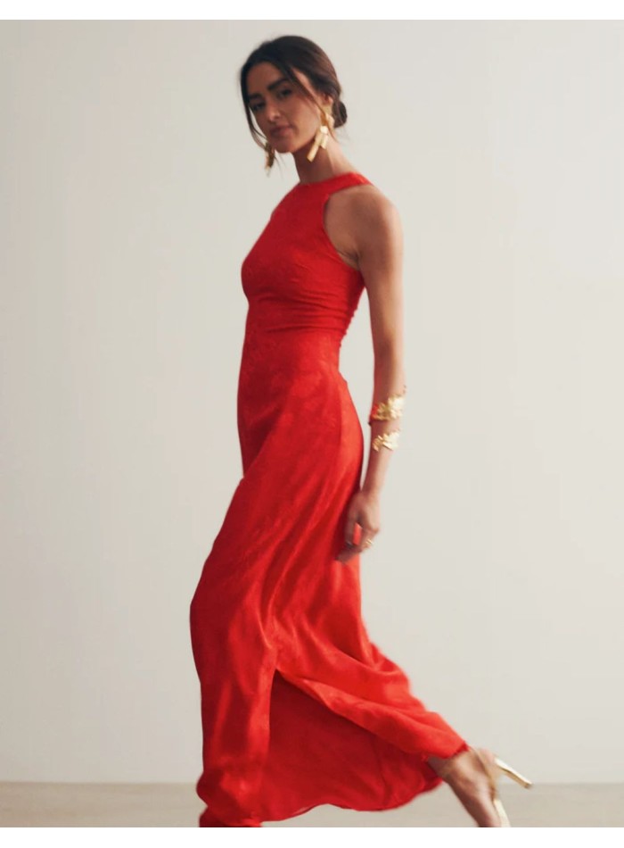 Long red jacquard dress with halter neckline