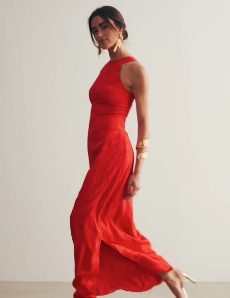 Long red jacquard dress with halter neckline
