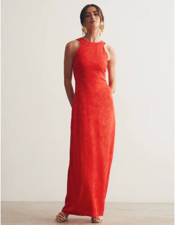 Long red jacquard dress with halter neckline