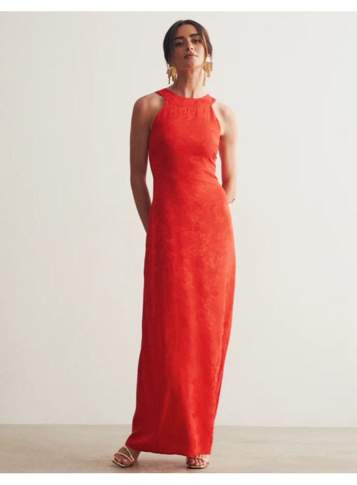 Robe longue rouge en jacquard avec encolure licou