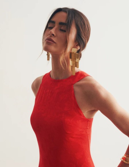 Vestido largo de fiesta rojo en jaquard con escote halter para graduaciones Vestido largo de fiesta rojo en jaquard con escote halter para graduaciones