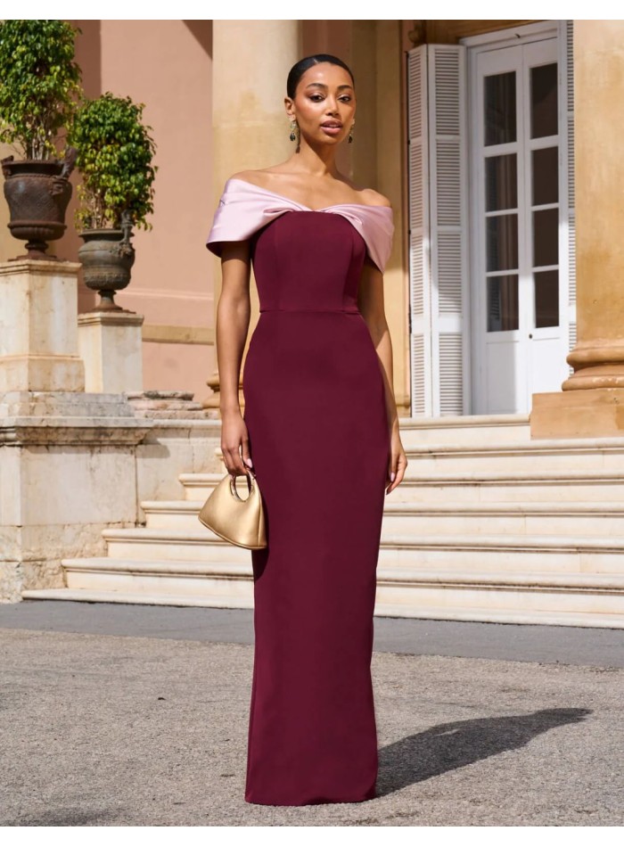 Vestido largo de fiesta palabra de honor con hombros caídos berenjena