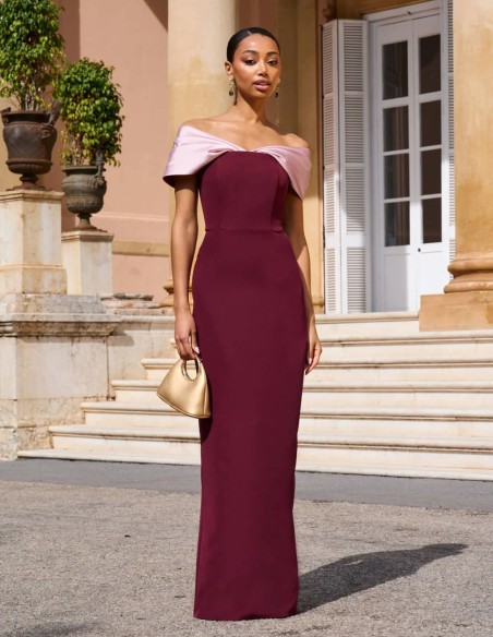 Vestido largo de fiesta palabra de honor con hombros caídos