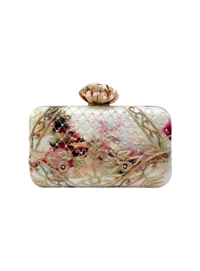 Party clutch stamped with beads and flower closure