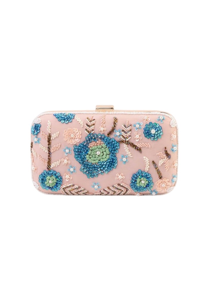 Pale pink party handbag embroidered with rhinestones