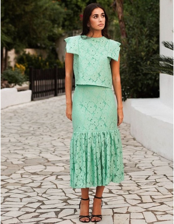 Jupe midi en dentelle vert turquoise