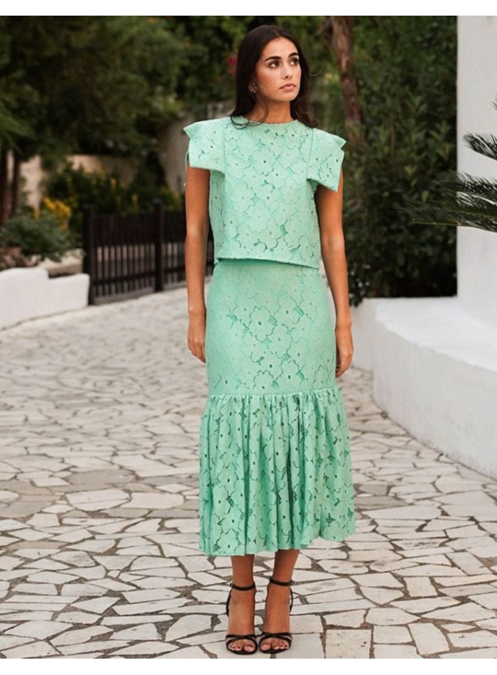 Jupe midi en dentelle vert turquoise