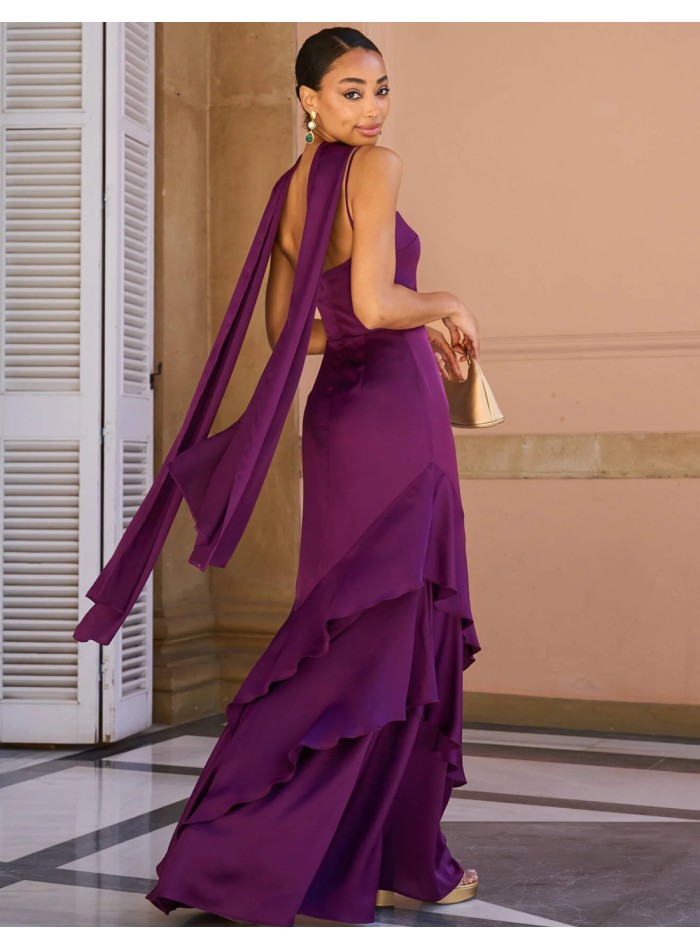 Robe d'invité de mariage en satin bougainvillier