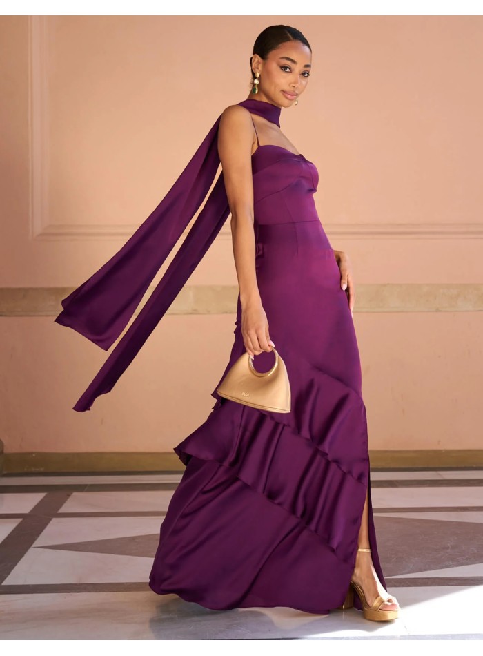 Robe d'invité de mariage en satin bougainvillier