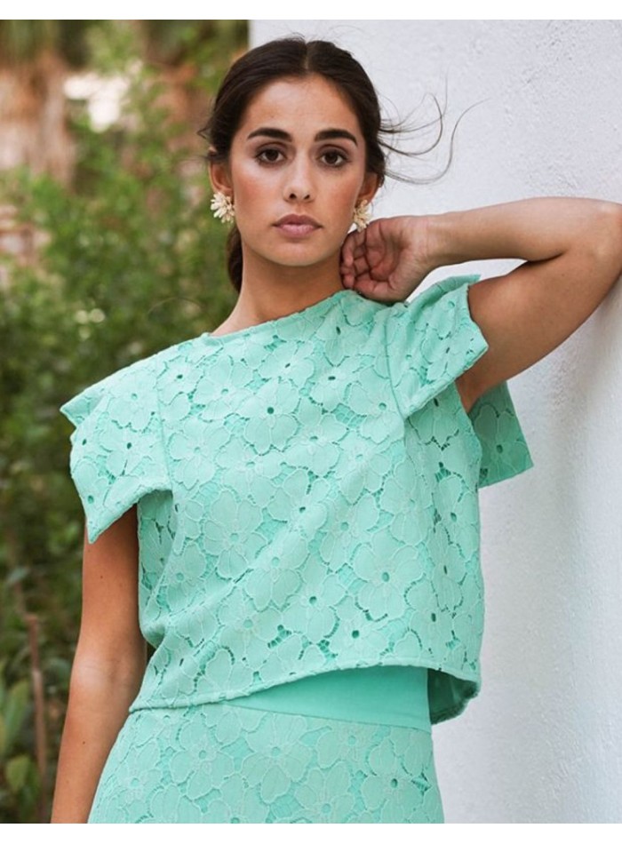 Top en dentelle vert turquoise avec manches à col en V