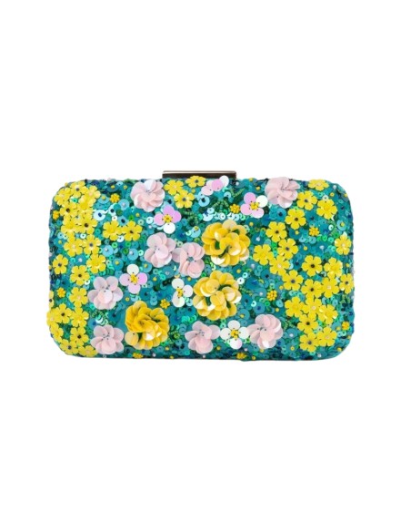 Yellow and turquoise floral clutch with rhinestones
