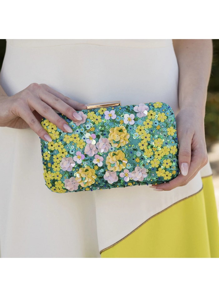 Yellow and turquoise floral clutch with...