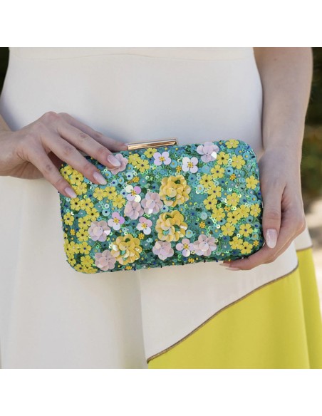 Yellow and turquoise floral clutch with rhinestones