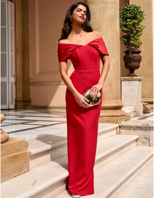 Long gown with red bandeau neckline