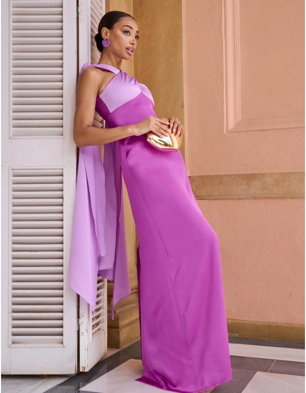 Bicolor long gown with crossover neckline and layered straps