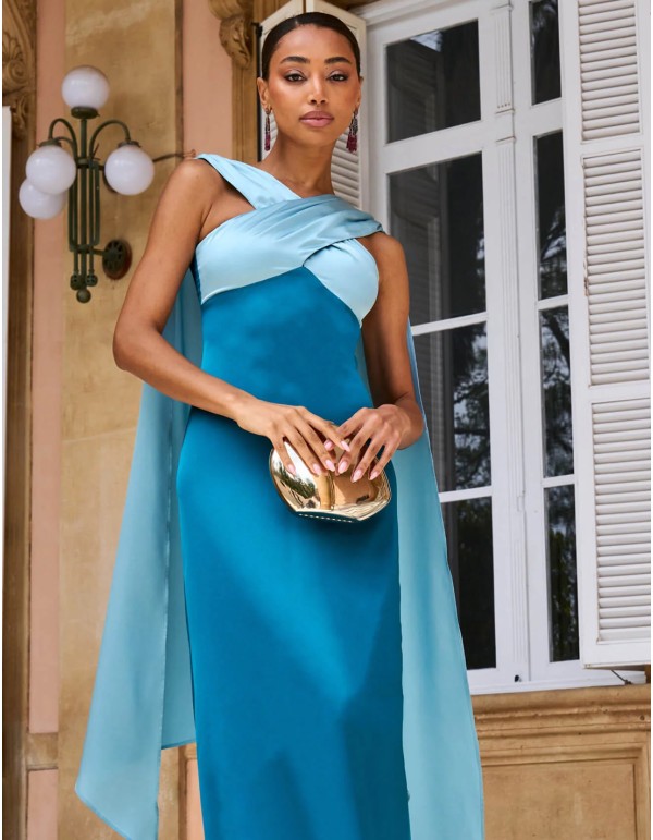 Vestido de fiesta largo bicolor azul con escote cruzado