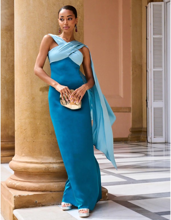 Long bicolor blue maxi dress with crossover neckline 2