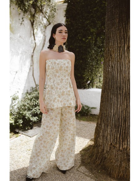 Pantalón ancho con pinzas con estampado de flores