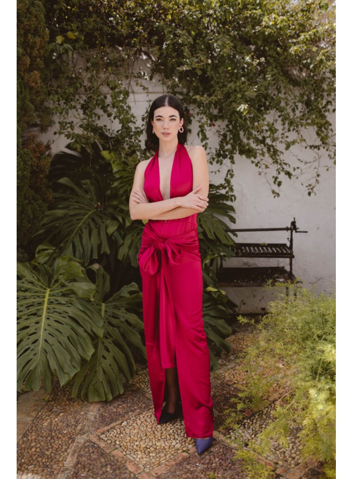 Robe de soirée longue fuchsia avec maxi nœud et décolleté en V