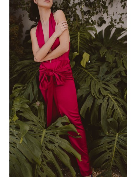 Fuchsia long party dress with maxi bow and V-neckline