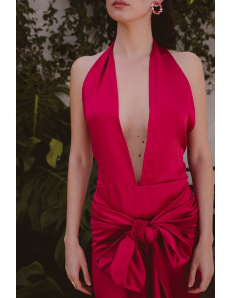 Fuchsia long party dress with maxi bow and V-neckline