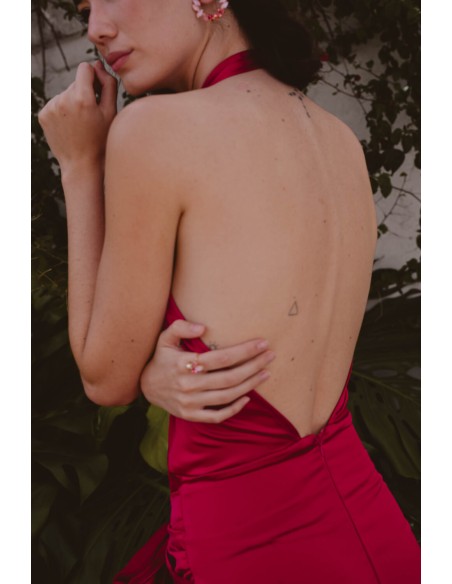 Fuchsia long party dress with maxi bow and V-neckline