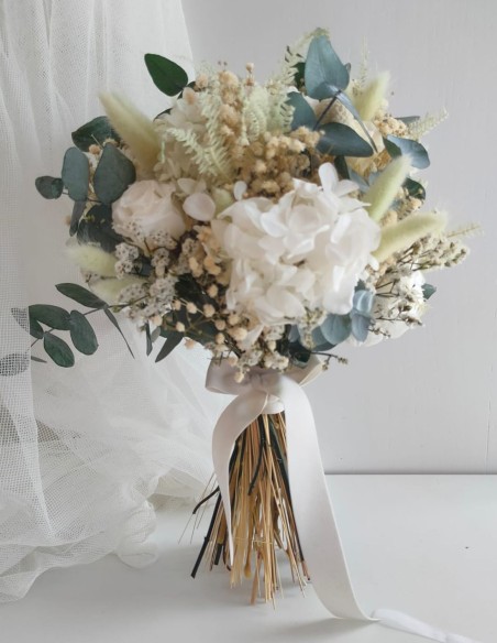 White and green bridal bouquet with preserved and dried flowers