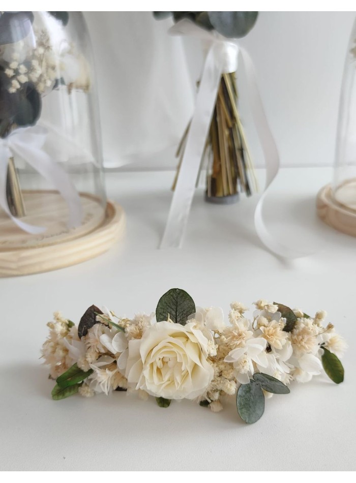 Tocado de novia con flores preservadas secas para eventos