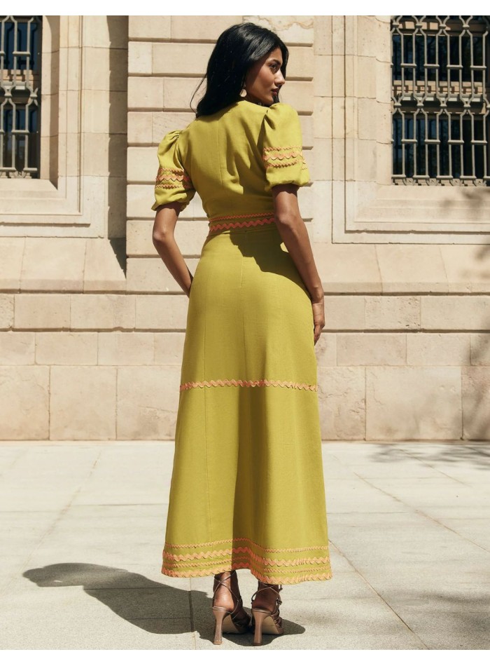 Falda midi de fiesta verde oliva con caída fluida y cintas decorativas