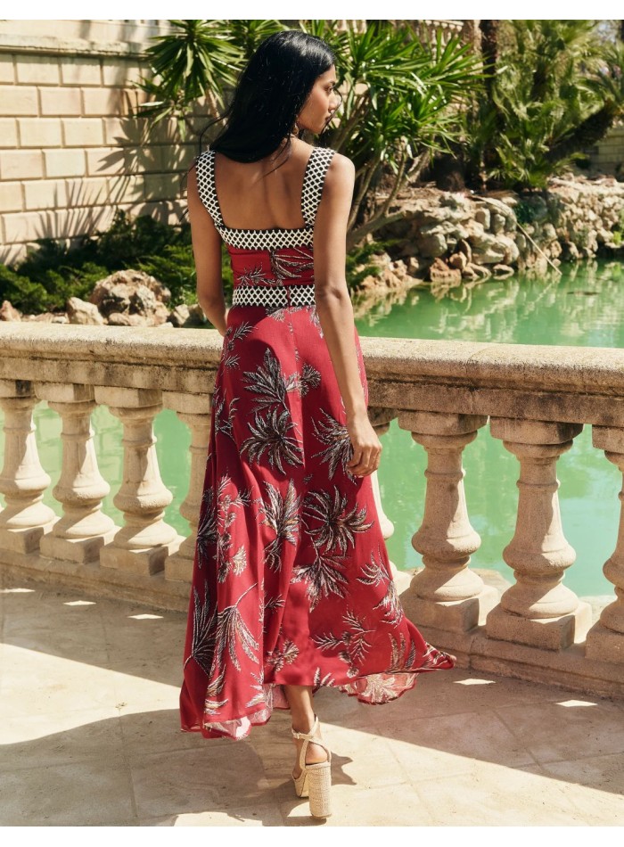 Falda midi de fiesta estampada con vuelo y detalles bicolor