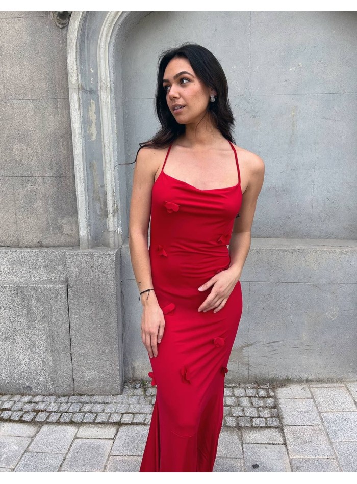 Vestido de fiesta largo rojo con florecitas en 3d para boda