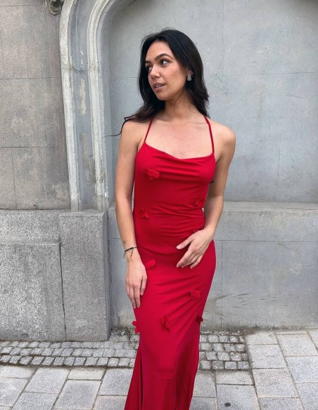 Longue robe de soirée rouge avec fleurs en 3D - Olaia Madinabeitia