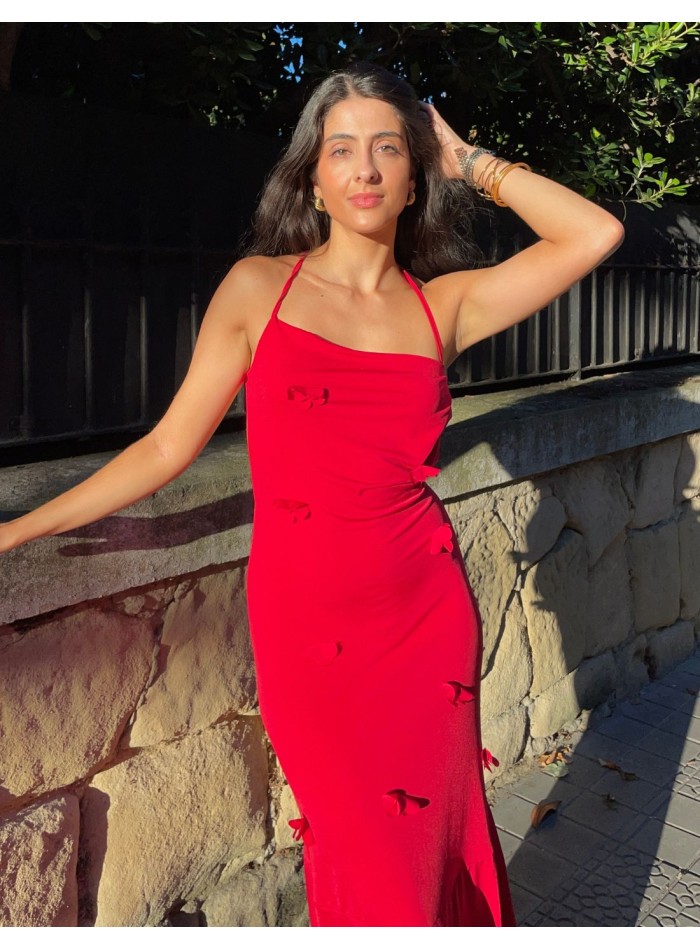 Vestido de fiesta largo rojo con florecitas en 3d - OLAIA MADINABEITIA