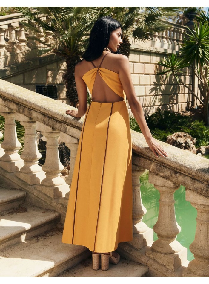 Mustard long guest dress with flowing drape