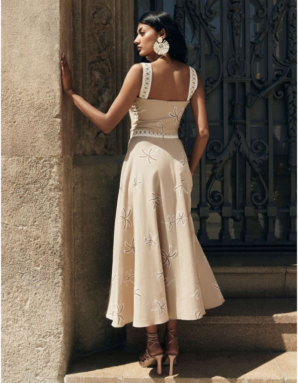 Printed beige midi party skirt with flounce 2