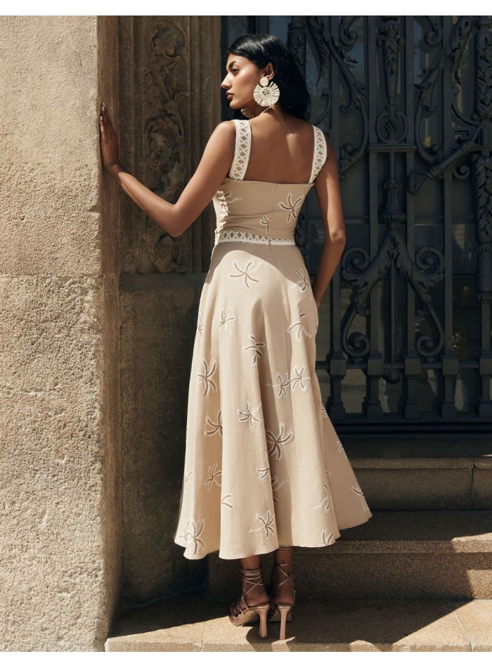 Printed beige midi party skirt with flounce