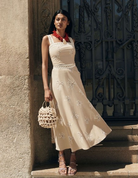 Jupe de soirée midi imprimée beige avec imprimé à volants