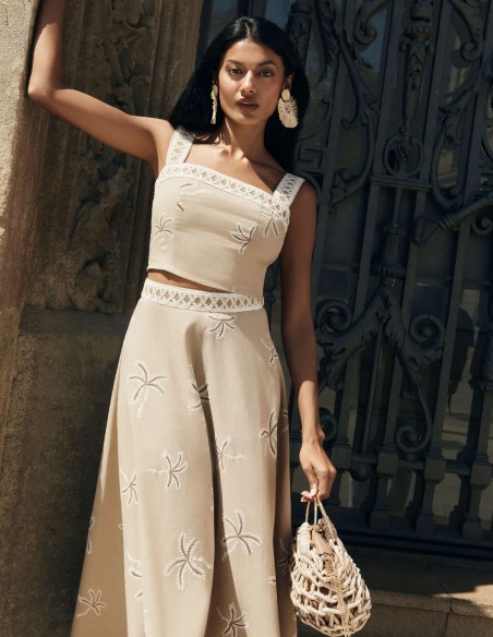 Jupe de soirée midi imprimée beige avec imprimé à volants