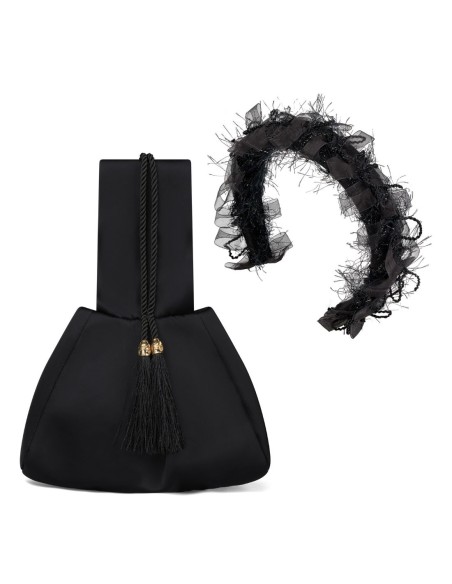 Bolso de fiesta en tafetán negro con detalle dorado