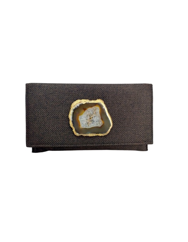 Chocolate jute handbag with stone brooch
