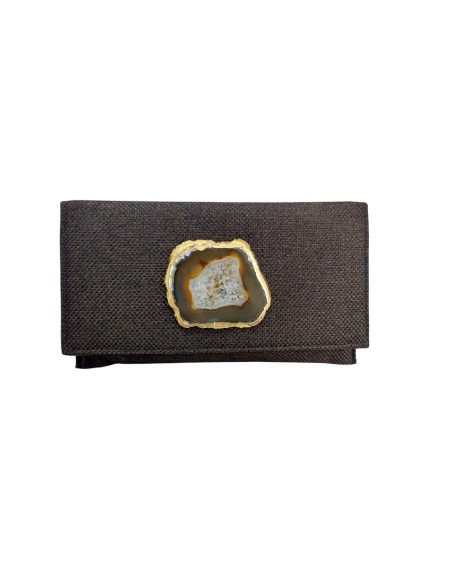 Chocolate jute handbag with stone brooch