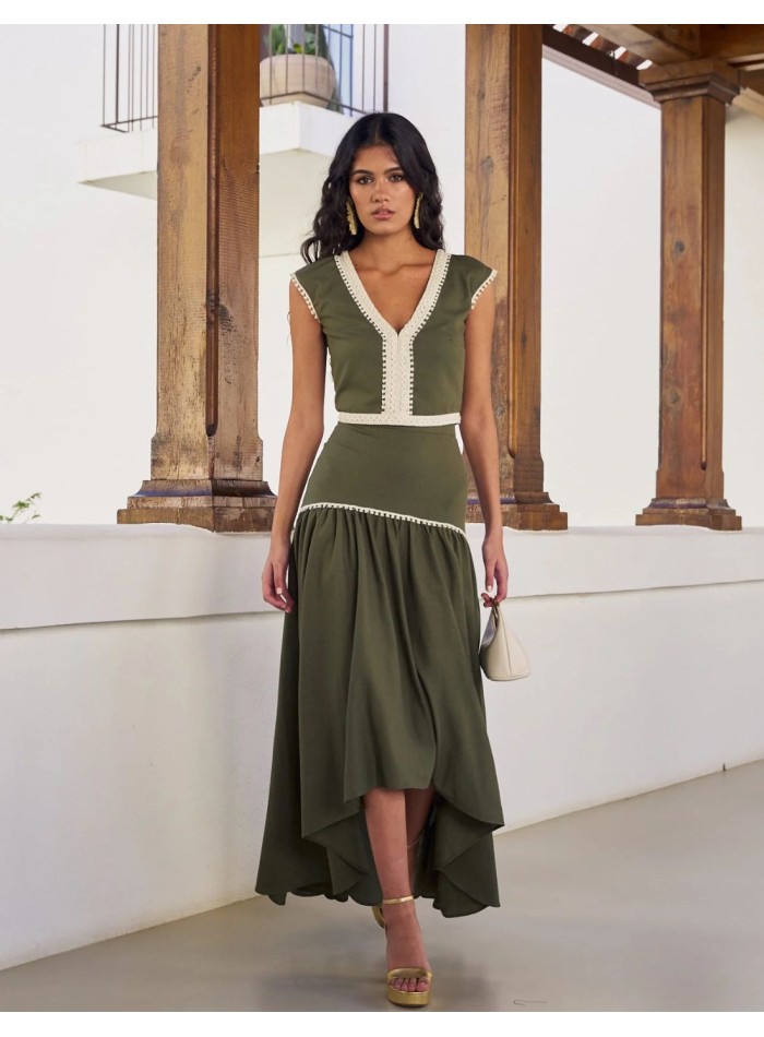Falda midi de lino asimétrica con cinta en beige