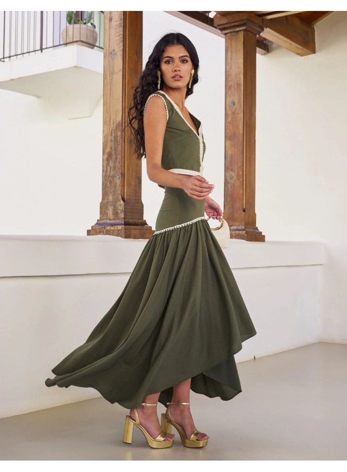 Asymmetrical linen midi skirt with ribbon in beige